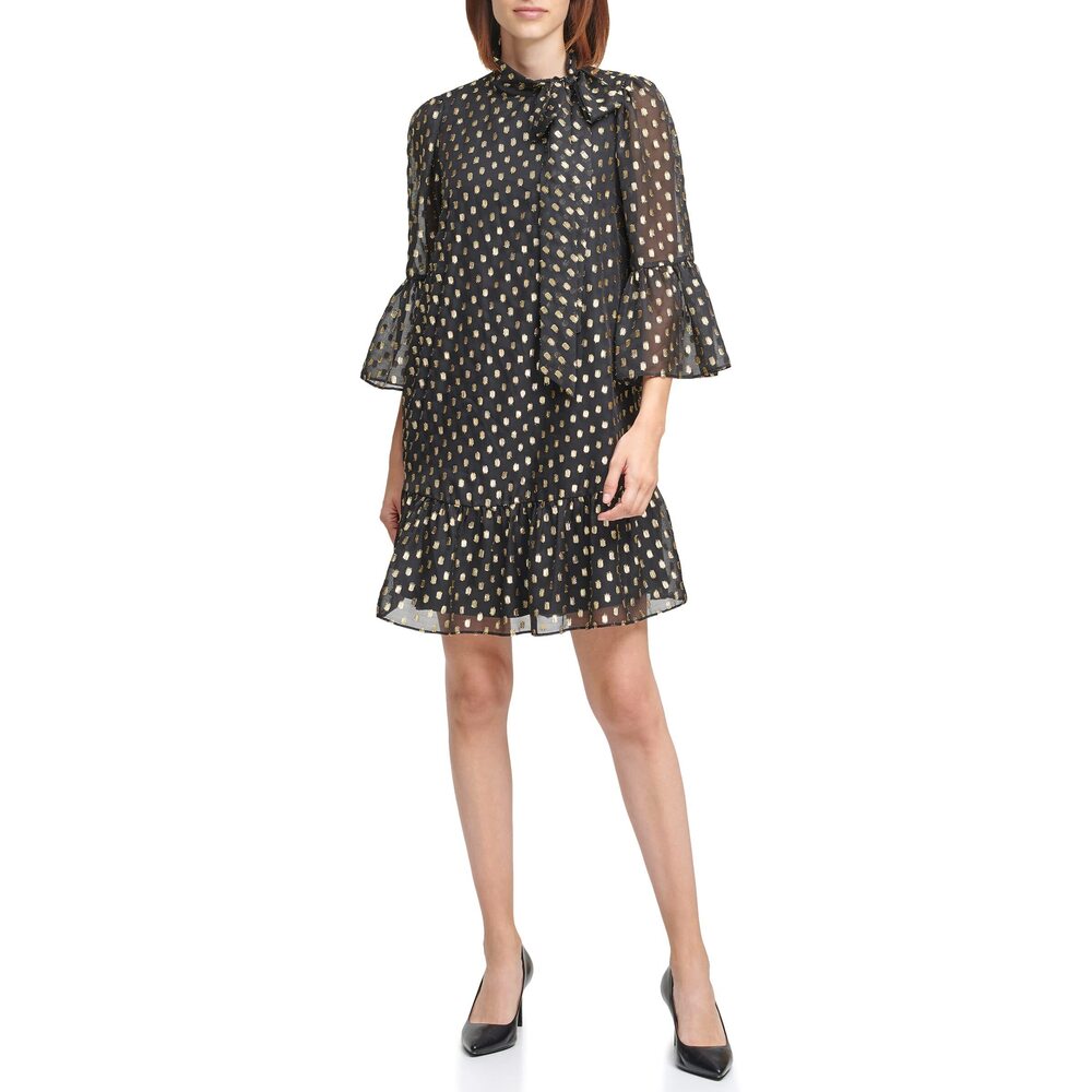 Calvin Klein Women's Chiffon Tie at Neck Skirt Dress Black/Gold 12 NWT - Picture 1 of 1